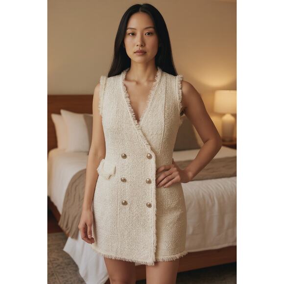 NEW Trixxi Ivory Fringe-Gold Trim Boucle Sleeveless Tweed Wrap Dress Junior Sz L - Picture 1 of 7